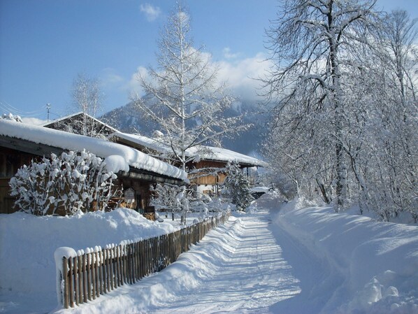 Un sentier enneigé mène à un bâtiment en bois dont le toit est également recouvert de neige, le tout étant entouré d’arbres et de montagnes.