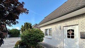 A building with a brick facade, a door with a window, and a small garden area with plants and a tree.