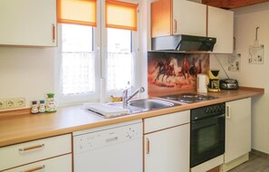 Fridge, stovetop, dishwasher, coffee/tea maker