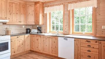 Fridge, stovetop, dishwasher, coffee/tea maker