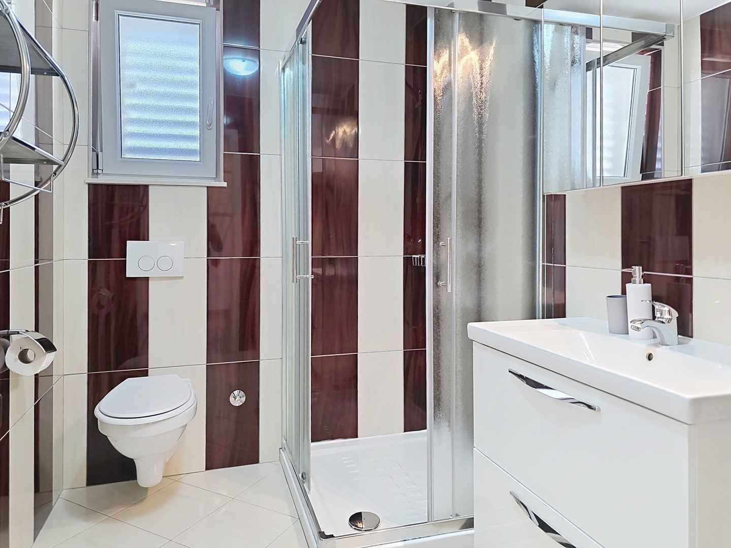 A modern bathroom with a glass shower enclosure, a toilet, and a vanity with a mirror.