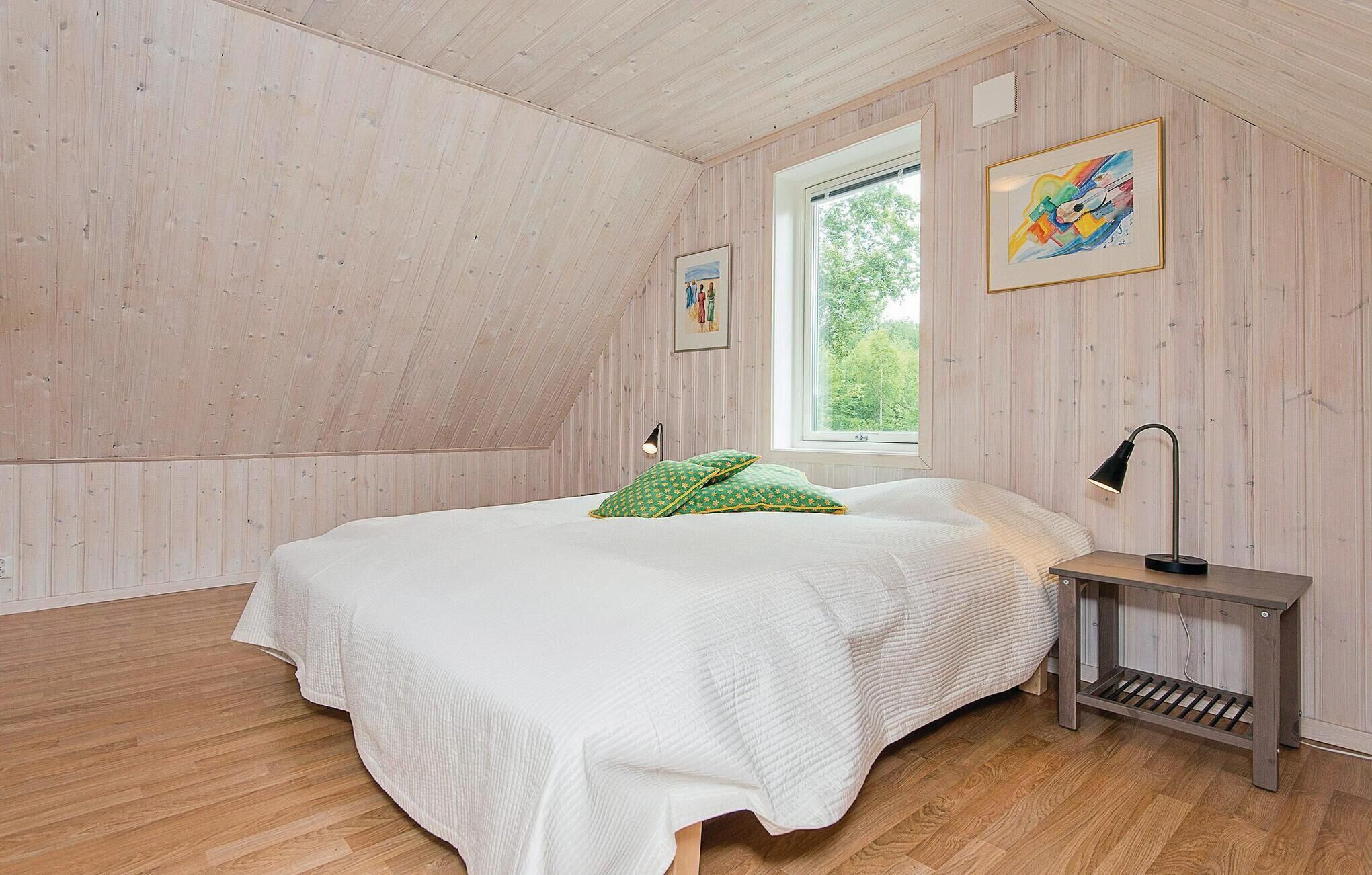 Une chambre avec un plafond en pente, des murs en bois, une grande fenêtre, un lit avec une literie blanche, deux oreillers, une table de chevet avec une lampe et deux œuvres d’art encadrées.