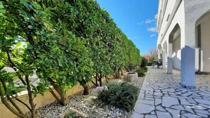 A courtyard with a stone pathway, a neatly trimmed hedge, and a building with arches.