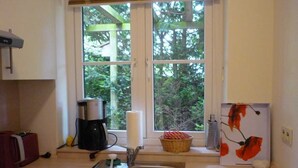 A small kitchen with a window, a coffee maker, a basket, and a Siemens dishwasher. - Ausacker vacation apartment: small but nice! - Holiday apartment Ausacker (Ausacker)