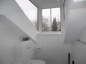 Een haardroger, handdoeken, zeep, toiletpapier