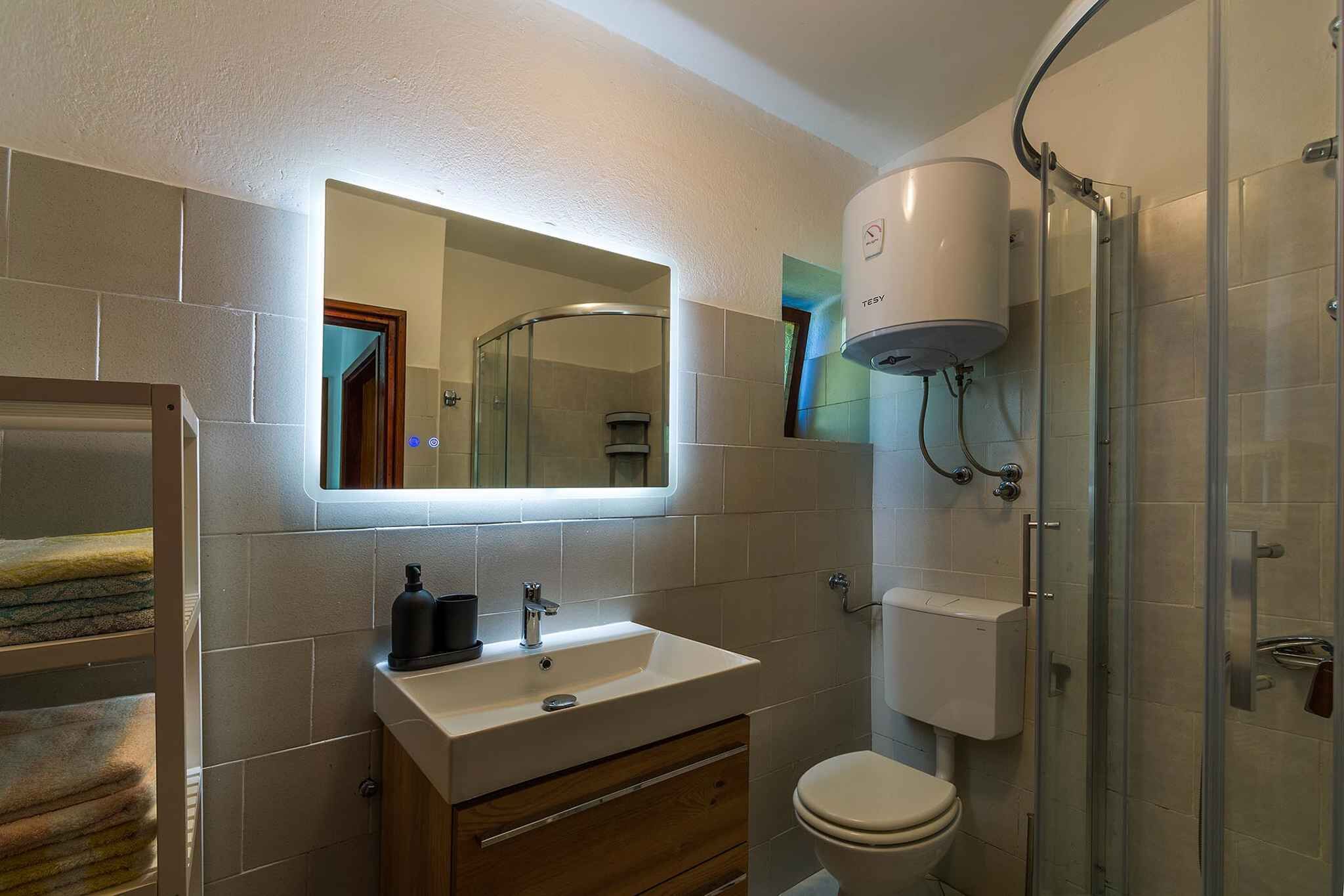 A bathroom with a sink, mirror, toilet, and a shower enclosure.