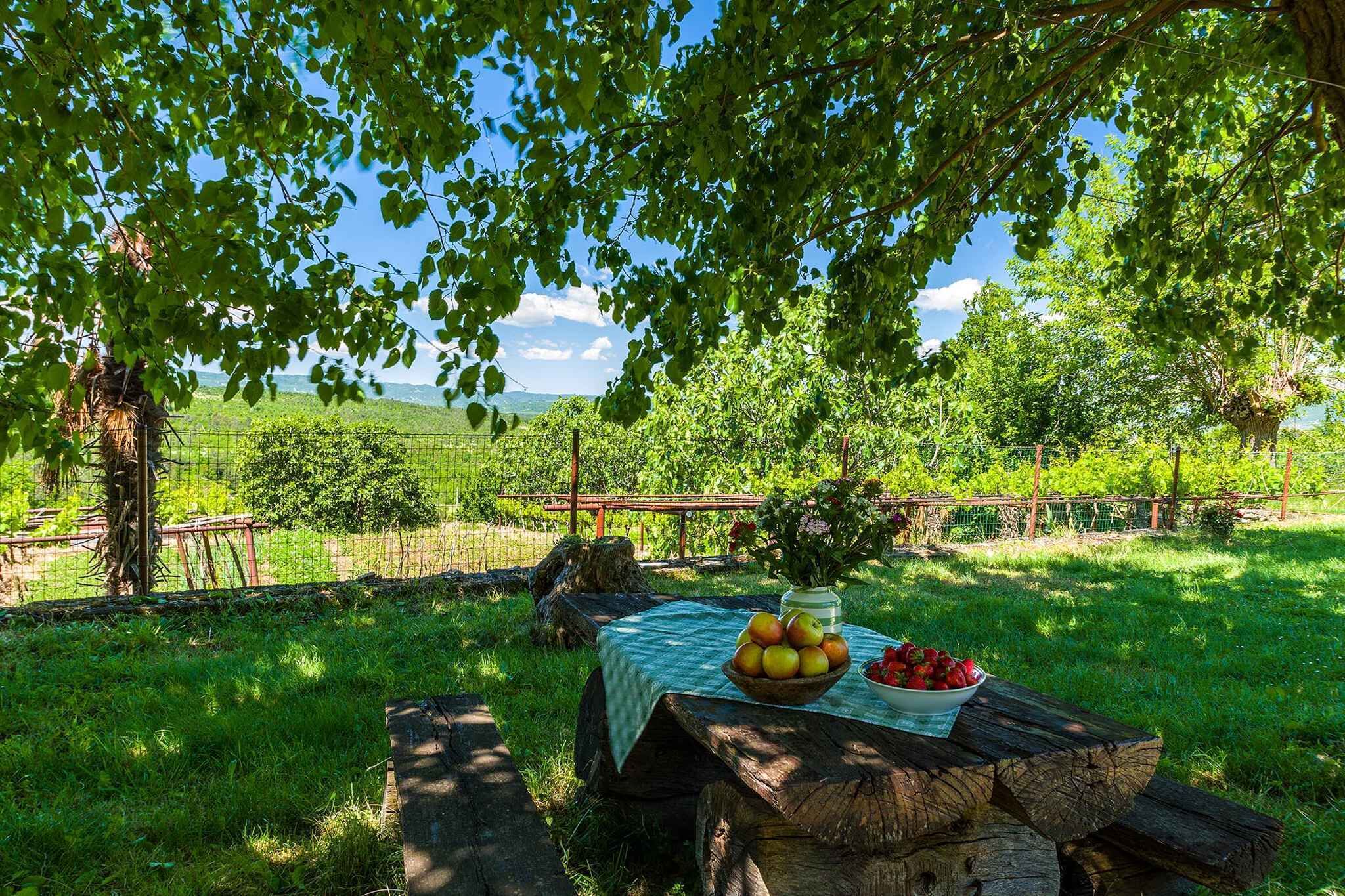 An outdoor dining area with a table set for a meal, surrounded by lush greenery and a fence.