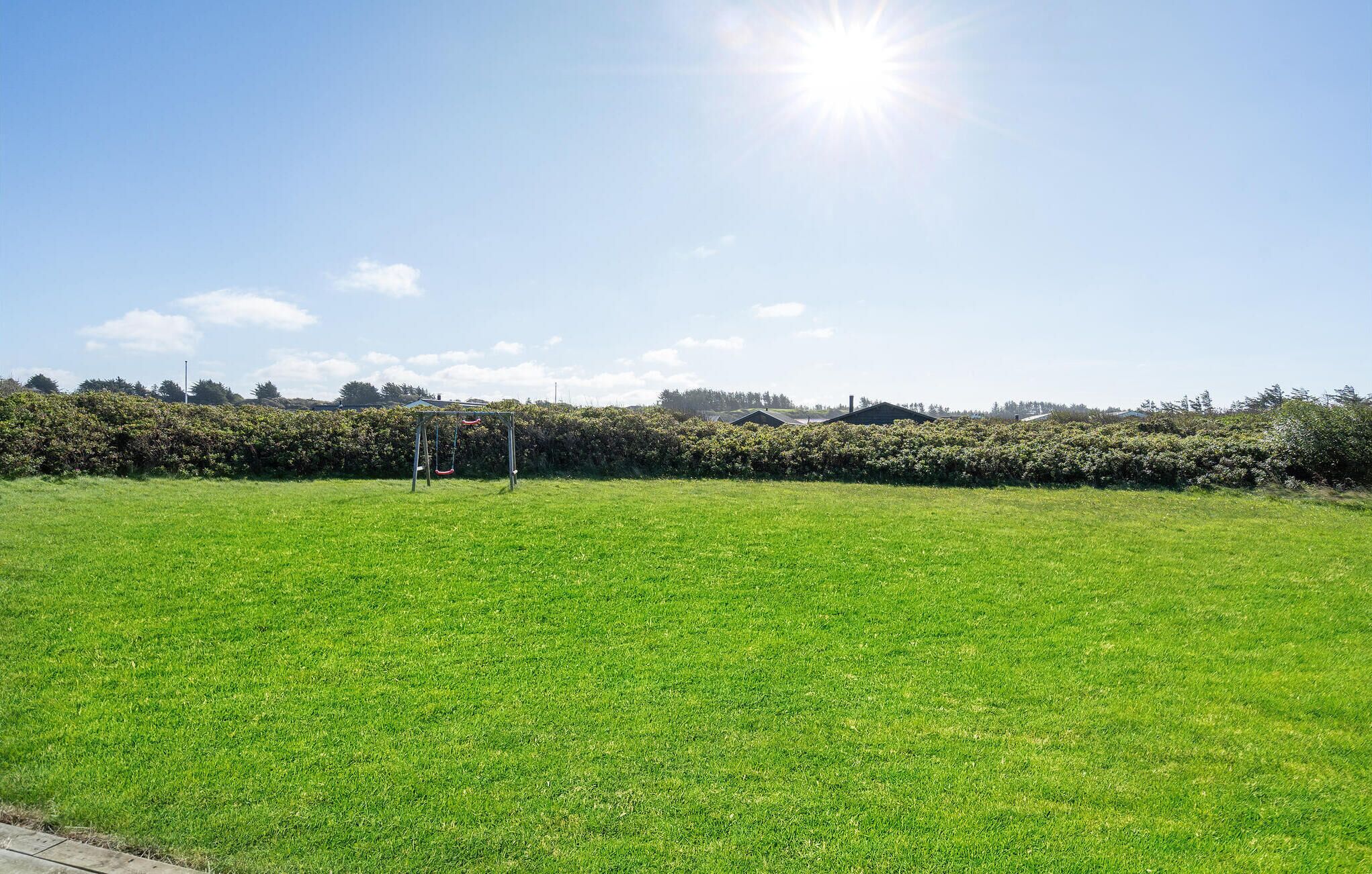A grassy field with a swing set and a hedge in the background.