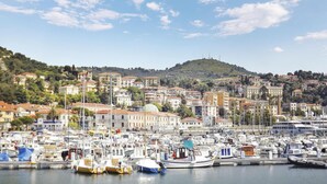 A marina with numerous boats docked, surrounded by a densely packed hillside town with buildings of various architectural styles. - Stunning apartment in Imperia IM (Imperia IM)