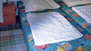 A bedroom with a bed, pillows, a nightstand, and a lamp.