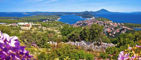 Une ville côtière qui offre une vue sur la mer et sur une montagne située au loin.