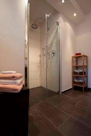 Shower, hair dryer, towels, soap