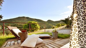 A wooden deck with a lounge chair, pillows, and a bowl. - Awesome home in St Nazaire de Ladarez (St Nazaire de Ladarez)
