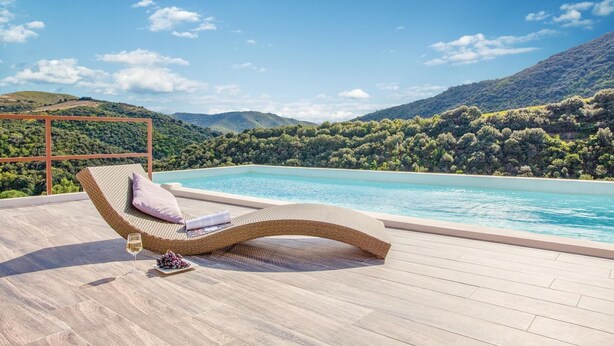 A poolside lounge with a wicker chair, a glass of wine, and a bowl of grapes. - Awesome home in St Nazaire de Ladarez (St Nazaire de Ladarez)