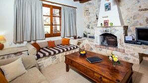 Un salon chaleureux avec une cheminée en pierre, un canapé avec des coussins, une table basse en bois et un téléviseur.