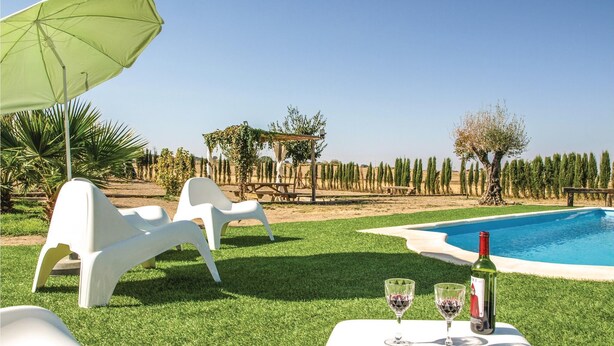 Een zwembadterras met witte ligbedden, een groene parasol en een fles wijn op een tafel.