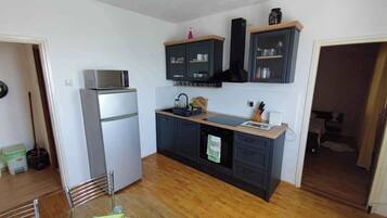 Fridge, oven, stovetop, coffee/tea maker