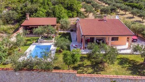 A villa with a swimming pool, surrounded by olive trees and a stone wall. - Pet friendly home in Desne (Desne)