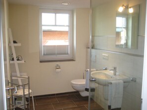 Shower, hair dryer, towels