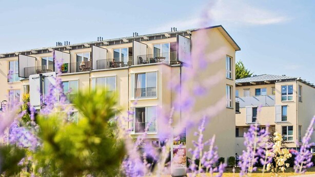 A multi-story residential building with balconies, a sandy ground, and purple flowers in the foreground. - Forum Marinar, Whg. 02 - Forum Marinar, Whg. 02 (Heringsdorf)