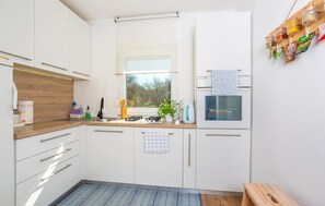 Fridge, stovetop, dishwasher, coffee/tea maker