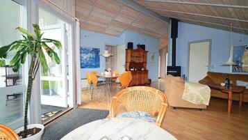 Télévision, cheminée, lecteur de DVD, baby-foot