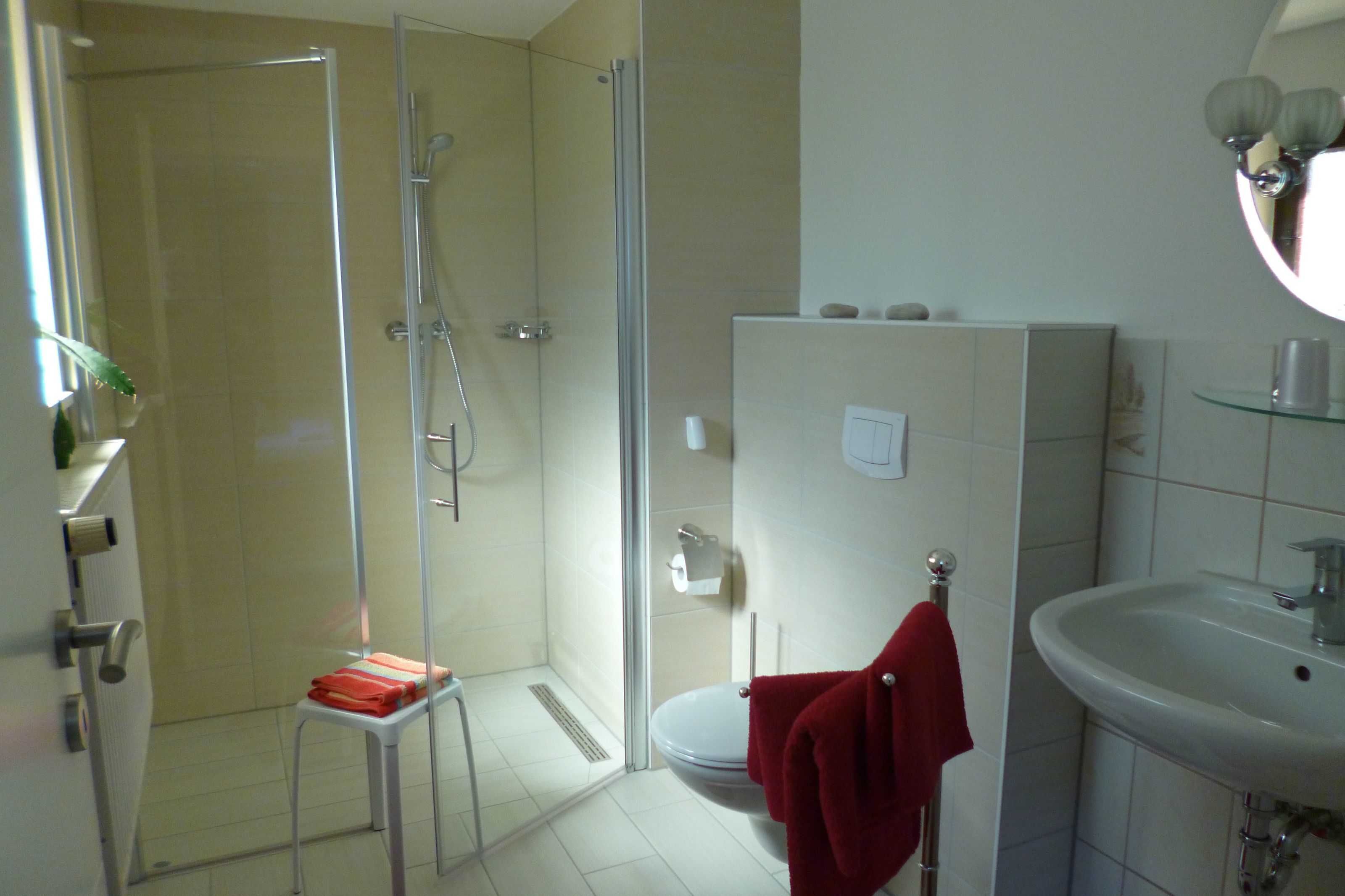 A bathroom with a glass-enclosed shower, a white sink, and a red towel hanging on a rack.