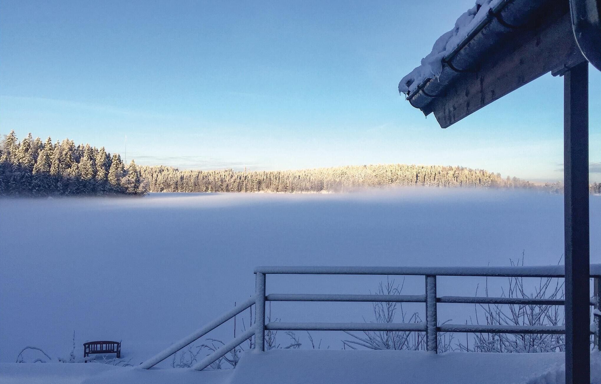 Un paysage enneigé avec un banc et une rambarde au premier plan, une forêt au milieu, et un ciel dégagé à l’arrière-plan.