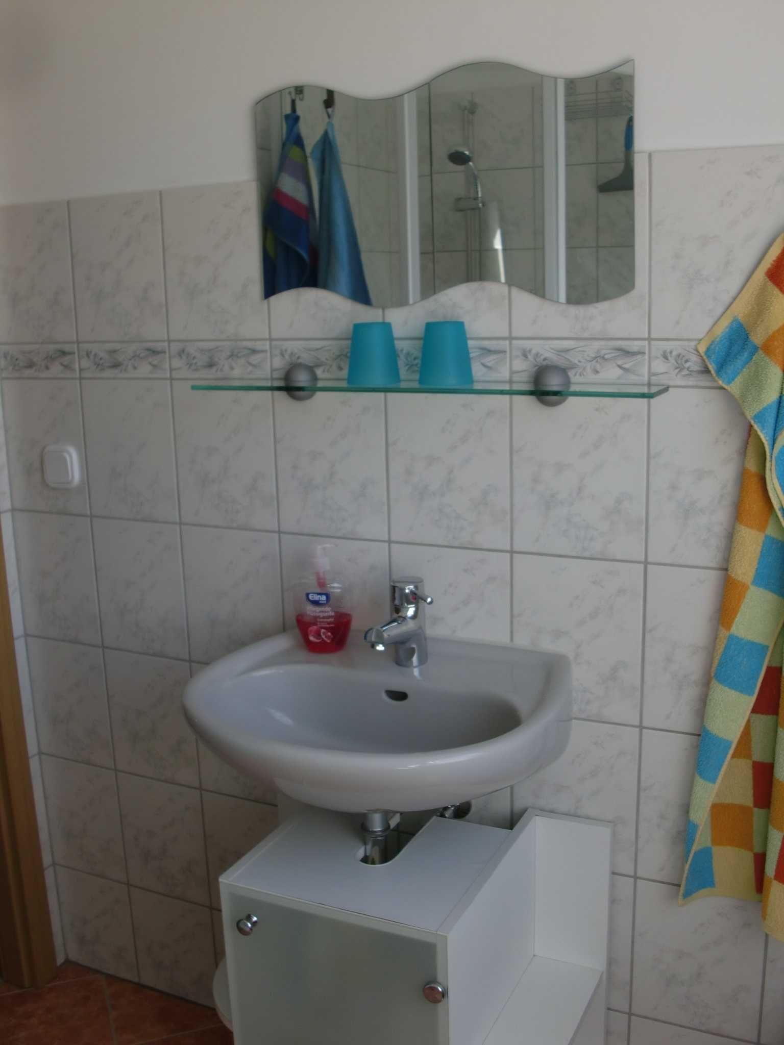 Une salle de bain avec un lavabo blanc, un miroir au-dessus, et une douche visible dans le reflet.
