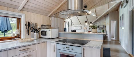 Fridge, stovetop, dishwasher, coffee/tea maker