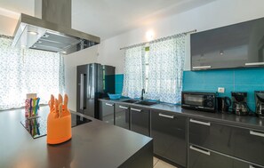 Fridge, stovetop, dishwasher, coffee/tea maker