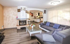 Televisión, chimenea y reproductor de DVD 