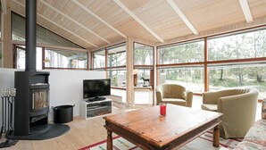 A cozy living room with a fireplace, a television, and comfortable seating. - Gorgeous home in ålbæk with sauna (Ålbæk)