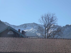 A mountain landscape with a house featuring a tiled roof and a chimney. - Triple - House Bamberger (Fischbachau)