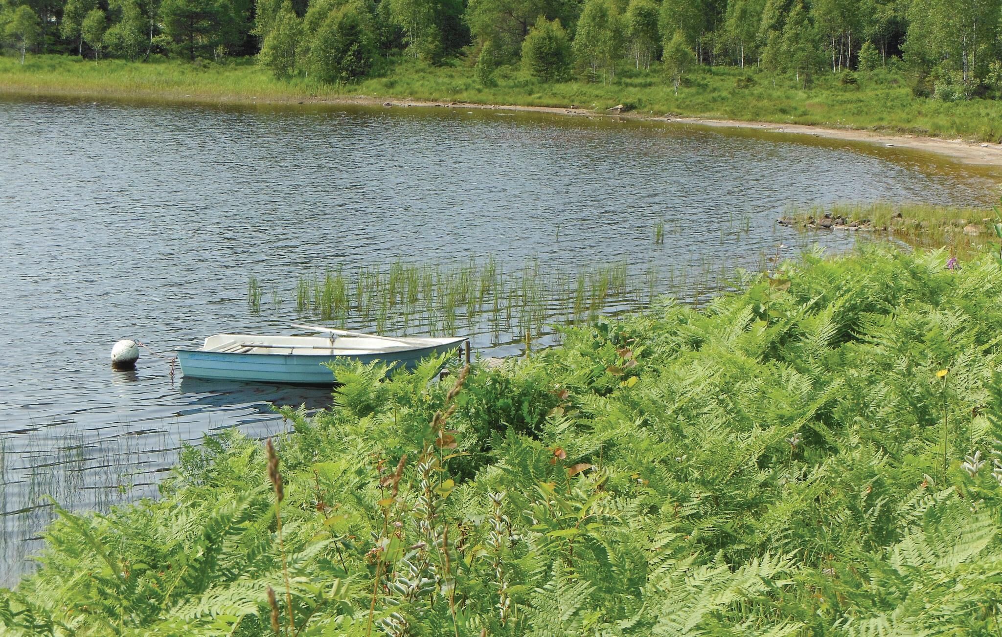 Una barca petita amarrada a una bóia en un llac tranquil envoltat de vegetació densa.