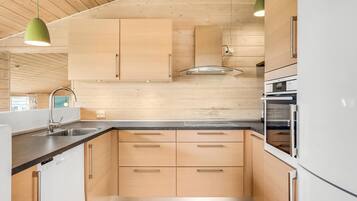 Fridge, stovetop, dishwasher, coffee/tea maker