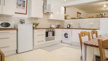 Fridge, stovetop, dishwasher, coffee/tea maker