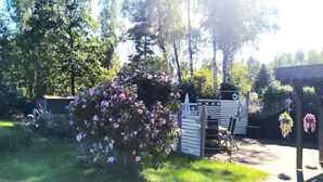 Un jardín con una casita de juegos de madera, un cobertizo pequeño y un pabellón.