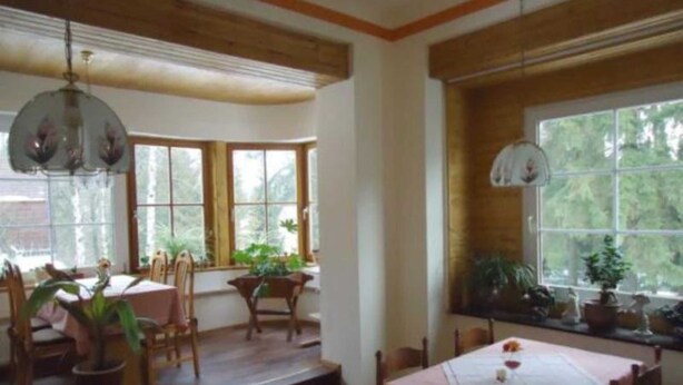 Un espace repas avec des tables et des chaises en bois, de grandes fenêtres ornées de plantes et un lustre.