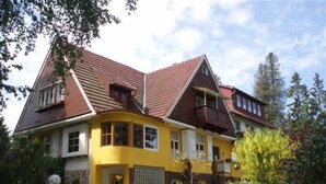 Une maison à deux étages, avec une façade jaune et un toit brun, entourée de verdure et d’arbres.