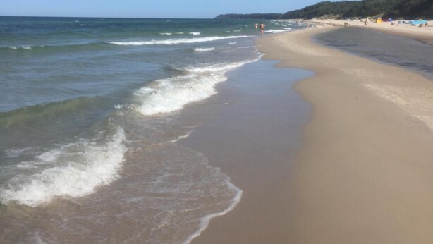 Una playa con arena dorada y olas suaves.
