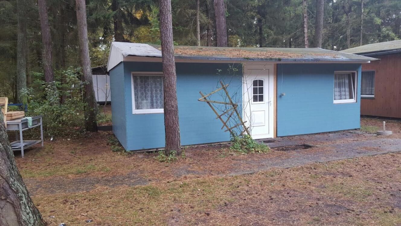 Pieni, yhden kerroksen korkuinen sininen mökki, jossa on valkoinen ovi ja ikkunat, ja sen ympärillä on puita.
