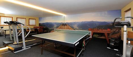 A room with a ping pong table, exercise equipment, and a mountain view mural.