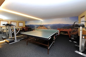 A room with a ping pong table, exercise equipment, and a mountain view mural.