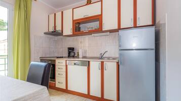 Fridge, stovetop, dishwasher, coffee/tea maker