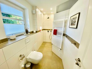 Shower, hair dryer, towels, soap