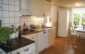 Fridge, stovetop, dishwasher, coffee/tea maker