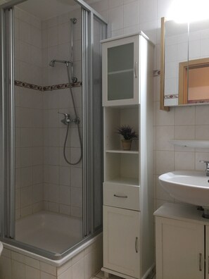 Shower, hair dryer, soap, toilet paper