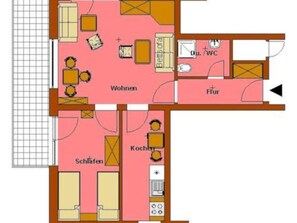 Plano de planta que muestra una sala de estar, cocina, dos dormitorios y un baño.