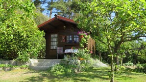 A wooden cabin with a sloped roof, surrounded by a well-maintained garden with various plants and flowers.